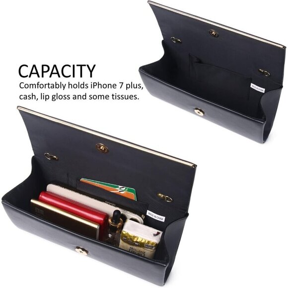 Women Black Vegan Leather Chain Crossbody Clutch Envelope Evening Bag for Party - Picture 6 of 9